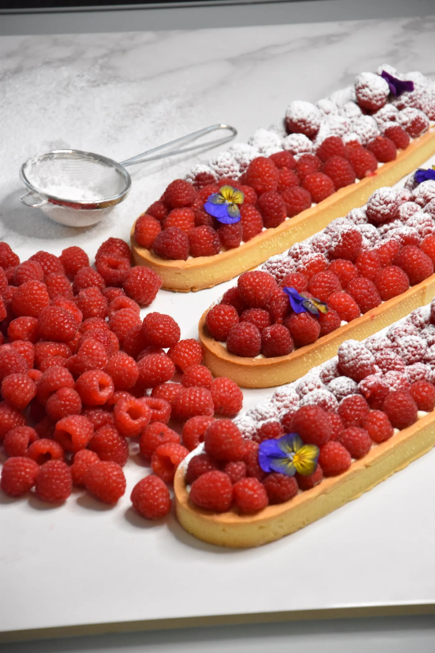 Deux tartes aux framboises saupoudrées de sucre glace, vues de dessus